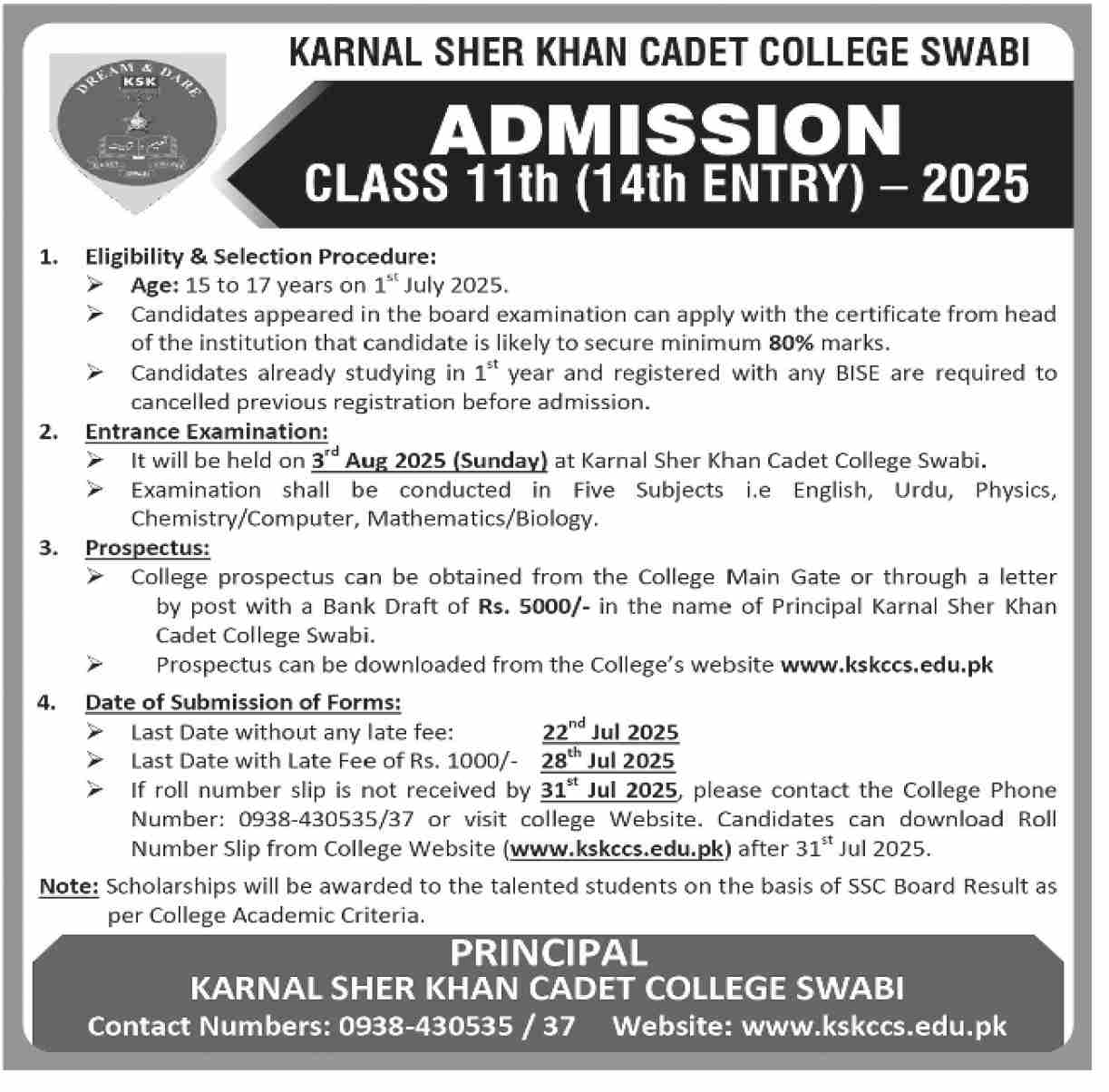 Admission Open in Karnal Sher Khan Cadet College Swabi